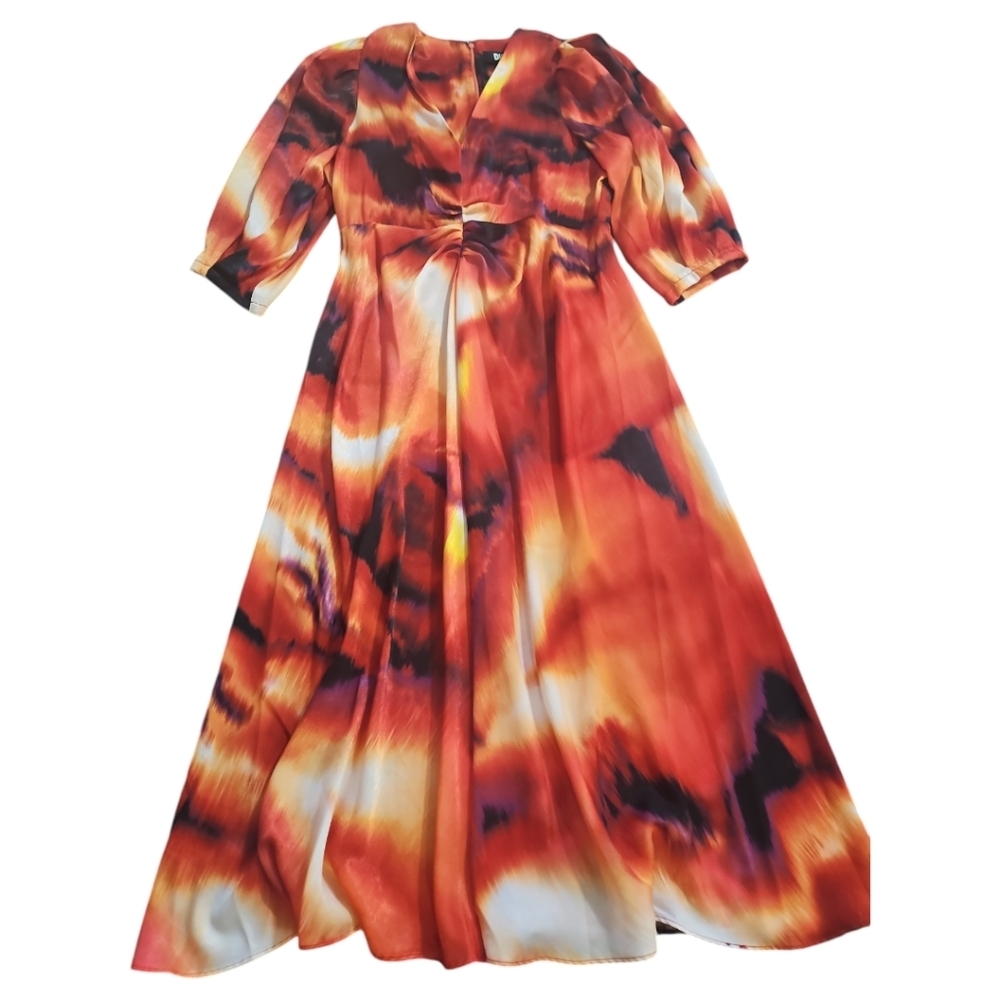 DKNY Printed Satin Midi Dress Red Orange Abstract Puff Sleeve L NWT - Picture 9 of 15
